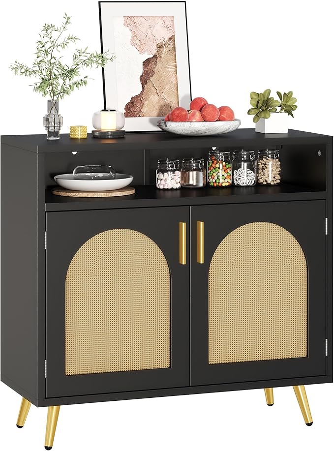 YITAHOME Buffet Cabinet with Storage, Storage Cabinet with Rattan Decor Doors and Adjustable Shelves for Hallway, Living Room, Black