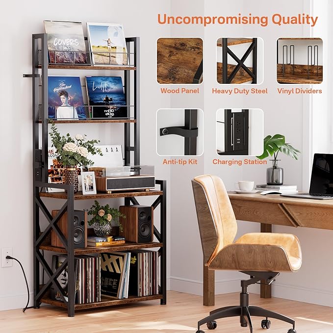 Record Player Stand with Power Outlet, 5-Tier Vinyl Record Storage Rack with Turntable Stand, LP Album Organizer & Display Rack, Media Storage Cabinet for Living Room Bedroom Music Corner