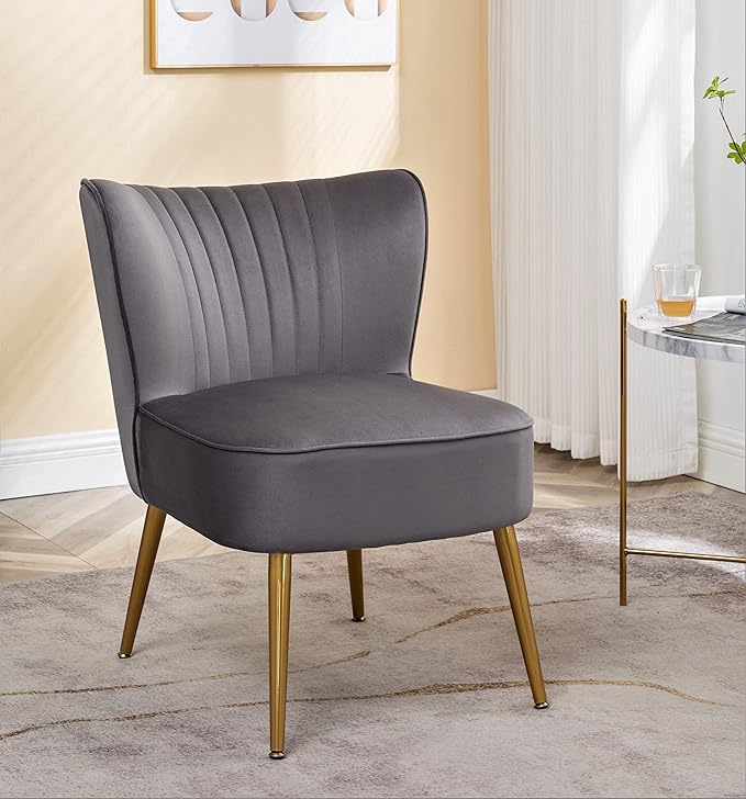 Modern Velvet Accent Chair for Living Room, Bedroom, or Entryway, Stylish and Comfortable Armless Design with Metal Legs, Grey