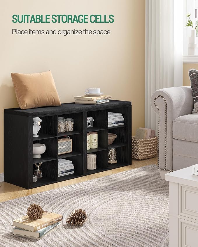 Shoe Bench with Cushion, Entryway Storage Bench with 12 Cubbies, Cubby Shoe Rack with Adjustable Shelves, Shoe Organizer Cabinet for Living Room, Bedroom, Entryway, Black SB19004GY