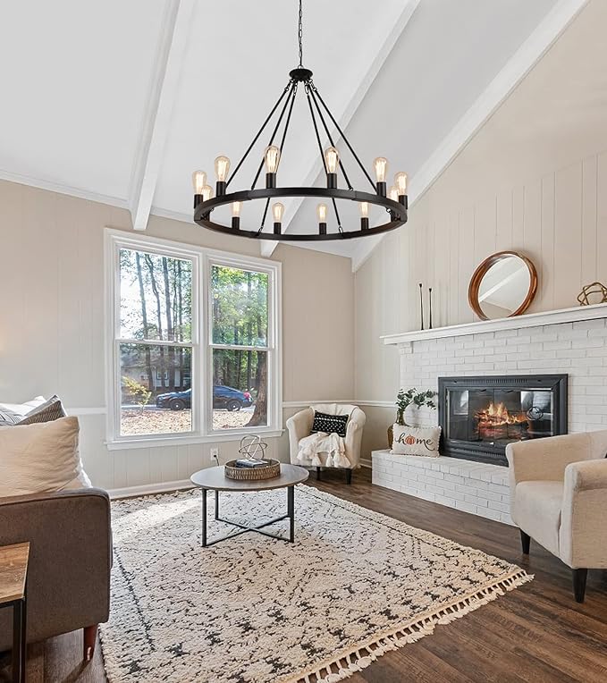 AMZASA Large Farmhouse Wagon Wheel Chandelier,Black Industrial Round 12 Lights Dining Room Light Fixture for Kitchen Living Room Foyer Hotel Dia38.2 Inches UL Listed
