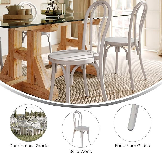 Flash Furniture Betsy Commercial Solid Wood Dining Chair, Thonet Style, Stackable Design, Mortise and Tenon, 350 lbs. Static Weight Capacity, White Wash