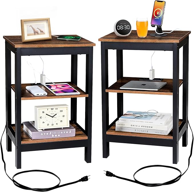 VECELO End Table with Charging Station and USB Ports, Small Wood Nightstand Modern, 24" Tall Living Room Side Table with 3-Tier Storage Shelves for Small Spaces, Office, Bedroom, Retro Brown, Set of 2