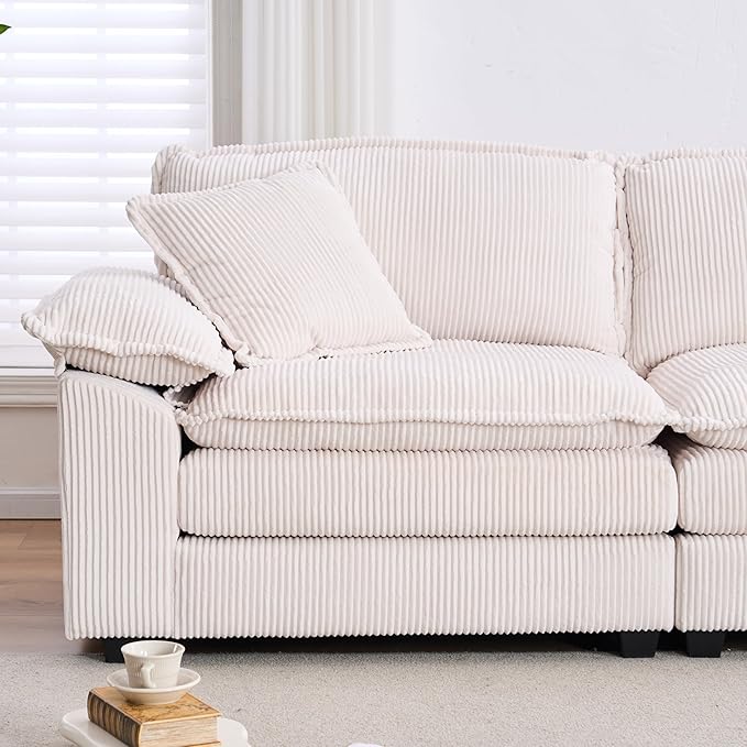 Modular Loveseat Sectional Sofa, 84.6" Corduroy Comfy Sectional Couches for Living Room, 3-Seater Cloud Couches with Movable Ottomans, Flexible Combination Modern Deep Seat Sofa | Thickness Cushions, Solid Wood Frame, Pillow-top Armrest