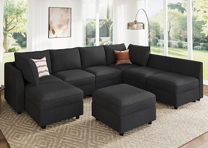 HONBAY Modular Sectional Sofa Couch with Storage, Modern U Shaped Sectional Sofa, Convertible Couches for Living Room - Linen Grey