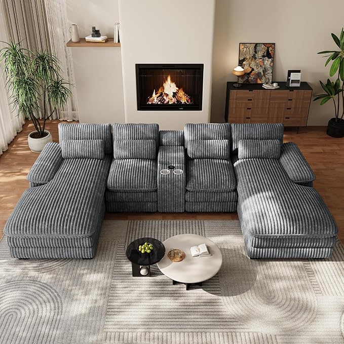 133" Oversized U Shaped Cloud Couch Modular Sectional Couches for Living Room Comfy Corduroy Deep Seat Sofa Set with Double Chaise Lounge, Storage Central Console, Cup Holders, USB Port, Dark Grey