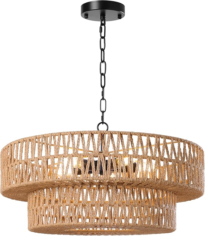 LamQee 22 Inch Farmhouse Rattan Chandeliers, 5 Lights Boho Chandelier Light Fixture with Hand Woven Wicker Shade, Large Rattan Pendant Lights Ceiling Hanging Lighting for Dining Room Kitchen Island
