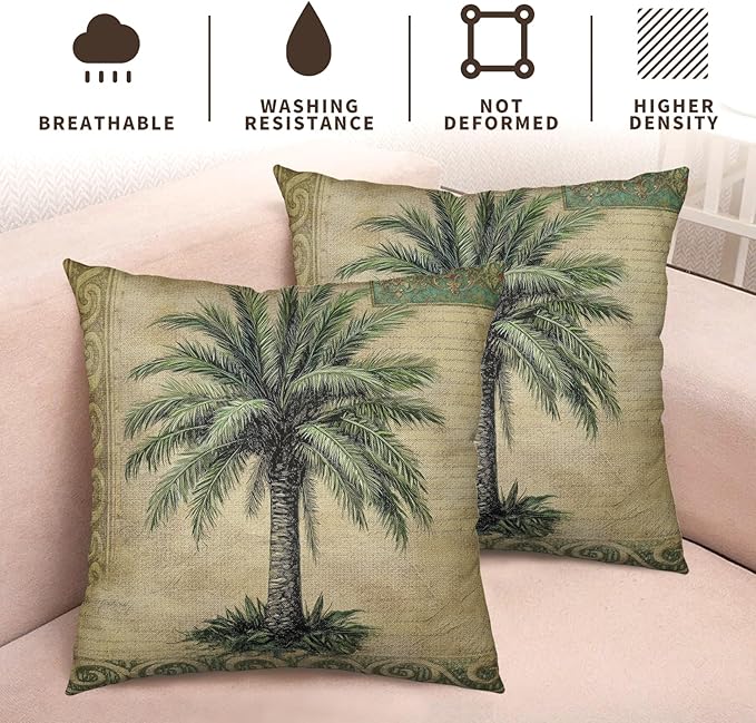 Palm Tree Pillow Covers 24x24 Set of 2 Hawaiian Tropical Leaf Decorative Throw Pillows Summer Vintage Outdoor Pillow Cases Cotton Linen Cushion Cover for Bed Couch Sofa Living Room
