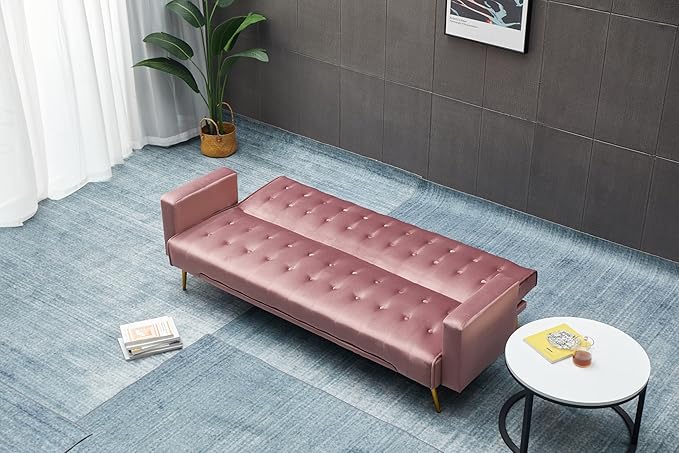 Eafurn Convertible Futon Sofa Bed, 75″Velvet Fabric Futons Loveseat Couch with Adjustable Backrest, Folding Sleeper Recliner Daybed for Living Room Furniture | Golden Legs, Wood Frame