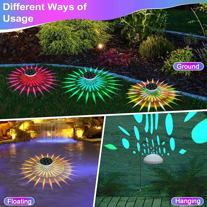 RGB Solar Floating Pool Lights (2 Pack), Smart Auto ON/Off Pool Light with 6 Lighting Modes, IPX8 Waterproof LED Color Changing Lights for Inground Pool, Bathtub, Garden, Party Decoration