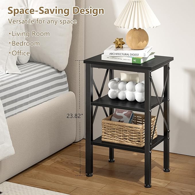 VECELO End Table, 24" Tall Wood Living Room X-Design Reinforced Side Tables, Nightstands with 3-Tier Wood Storage Shelves for Small Spaces, Office, Bathroom, Bedroom, Classic Black, 2 Pack