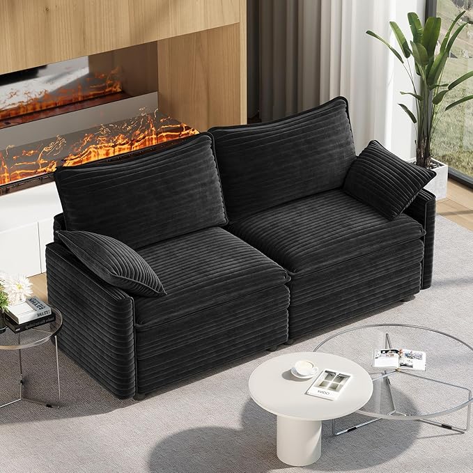 Vesgantti 74" Loveseat Sofa for Living Room, Comfy Cloud Couch Deep Seat Corduroy Modern 2 Seater Small Sofa with Armrest Pillow, Easy Assembly for Small Spaces, Black | Sink-in Comfort, Height Adjustable, Easy Rearrangement, Extra-deep Ottoman, Solid ...