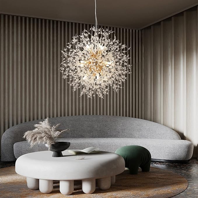 Firework Chandelier Gold, 12-Light Modern Crystal Chandelier Dandelion, 21.6" Stainless Steel Sputnik Pendant Hanging Light for Dining Room Bedroom