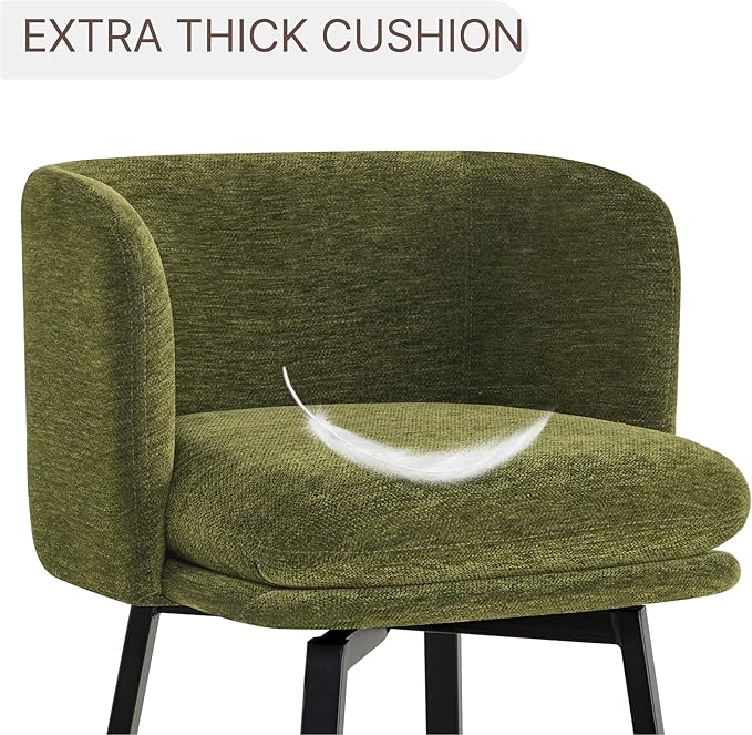 26" H Counter Height Swivel Bar Stools Set of 2, Barrel Counter Stools with Backrest, Linen Fabric Upholstered Barstools with Metal Legs for Kitchen Island,Green