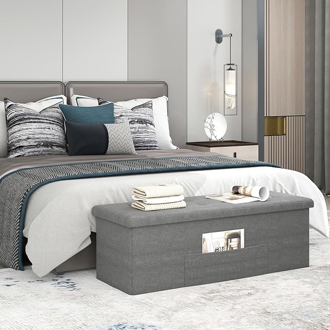 Giantex Storage Ottoman Bench, 43"L Folding Foot Rest Storage Chest with Side Pocket, Divider, Padded Seat Shoe Bench for Living Room Bedroom Hallway Entryway End of Bed (Dark Gray)