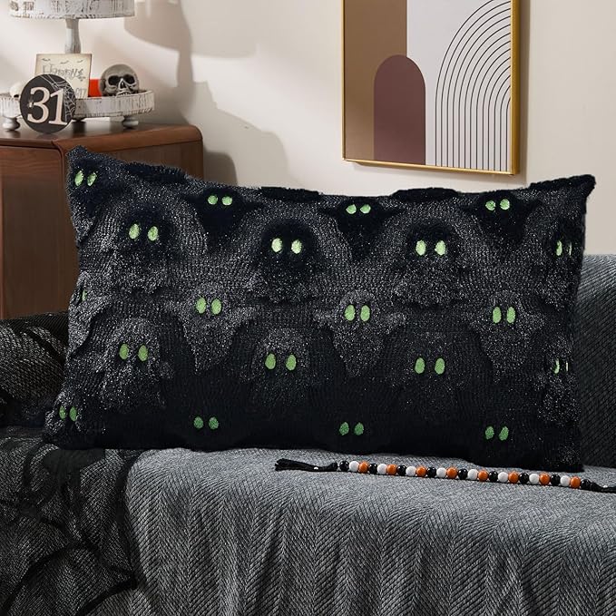DFXSZ Halloween Pillow Covers 12x20 inch Set of 2 Black Ghost Throw Pillow Cases Soft Plush Faux Fur Wool Couch Cushion Case for Chair Sofa Bedroom Living Room Home Decor PTK03F12