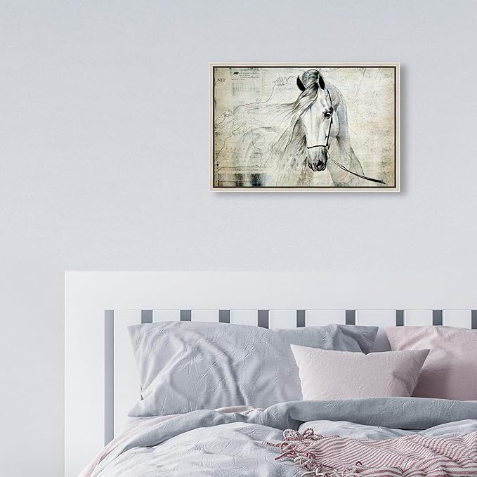 Country Farmhouse Canvas Print Painting Animal Wall Art 'Southern White Horse' Champagne Framed Canvas Rustic Home Décor 15x10 in Gray, Brown by Oliver Gal