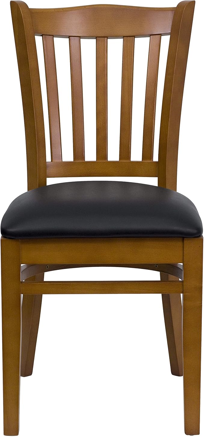 Flash Furniture HERCULES Series Vertical Slat Back Cherry Wood Restaurant Chair - Black Vinyl Seat