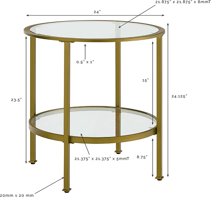 Crosley Furniture Aimee Small Side End Table with Storage Shelf for Living Room, Gold and Glass