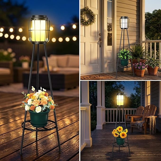MXwcy 2 Pack Solar Lights Outdoor with Plant Stands - Solar Floor Lamp & Street Lights with Metal Tripod - Patio Decor for Garden, Yard, Pathway, Driveway, Porch