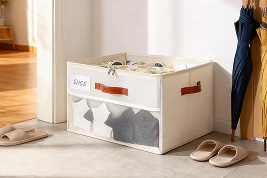 Shoe Organizer for Closet, Shoe Storage Box, Foldable Shoe Box with Adjustable Dividers and Clear Cover, Closet Shoe Organizer Fits up to 16 Pairs, 1-Pack, Extra Storage Pocket for Socks