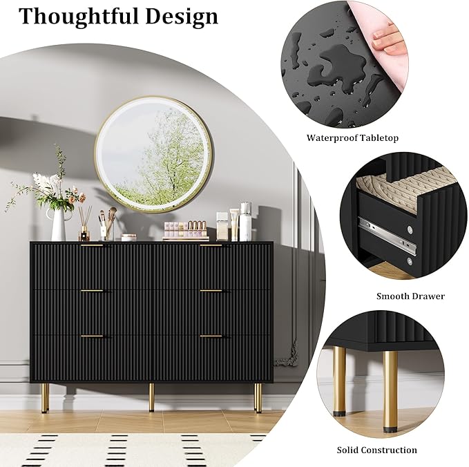 GAOMON 6 Drawer Dresser for Bedroom Chest of Drawers, 47" Wide Fluted Dresser with Drawers, Modern Wooden Double Dressers with Metal Handles for Living Room, Hallway