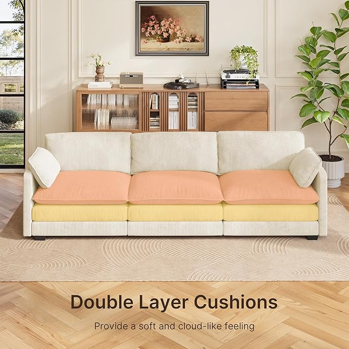 Gizoon 3 Seater Couches for Living Room, Cloud Sleeper Sofa with Double Cushion Corduroy Deep Seat Sofa Couches with 2 Pillows for Living Room Bedroom and Apartment,Pet-Friendly Fabric, Beige