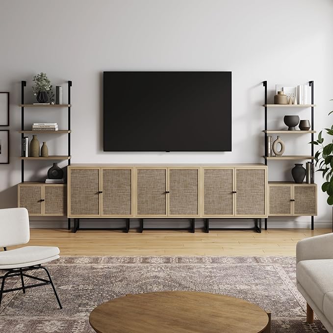 Nathan James Kova Boho Rattan Entertainment Center with Bookshelves and Storage Cabinet, Bookcase TV Stand Wall Unit, Fits TVs Up to 75 in. in Light Oak Finish