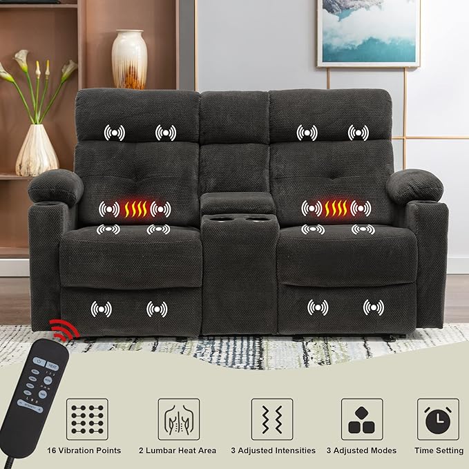 Power Reclining Loveseat with Console, Power Loveseat Recliner Sofa with Heat and Massage, Extended Footrest, Wall Hugger RV Reclining Couch with Cup Holders, Lumbar Support for Living Room