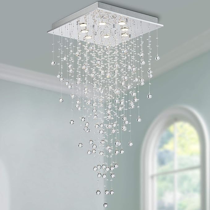Bestier Modern Crystal Square Raindrop Chandelier Lighting Flush Mount LED Ceiling Light Fixture Pendant Lamp for Dining Room Bathroom Bedroom Livingroom 8 GU10 Bulbs Required 22 in Wide 47 inch High