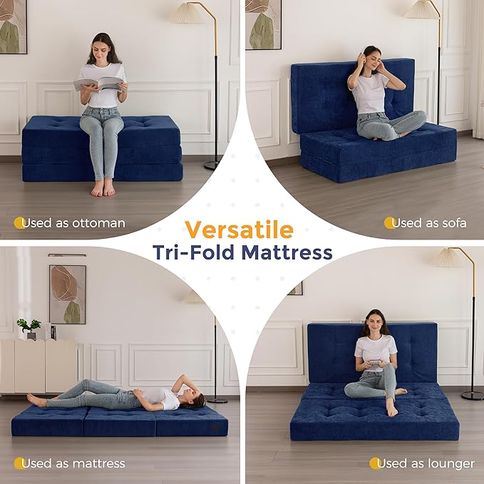 MAXYOYO Tri-Fold Mattress, 6 Inch Tufted Folding Mattress with Chenille Fabric, Portable Twin Size Floor Guest Mat for Adults, Foldable Topper for Camping, Navy, 35.4"x75"