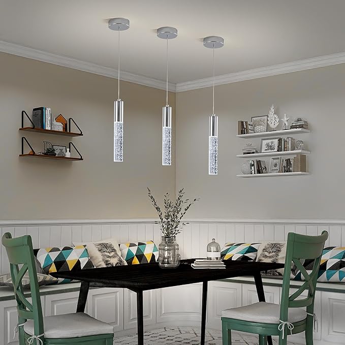 3-Pack Modern Crystal Pendant Light for Kitchen Island, Elegant Chrome LED Bubble Hanging Chandelier Lighting Fixture for Dining Room Bedside