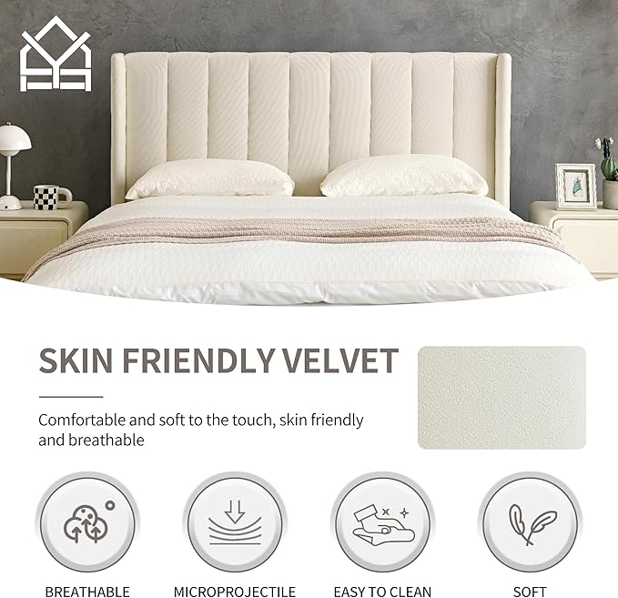 YUHUASHI upholstered Platform Bed Frame/Twin Bed Frame/Modern Geometric Double-Wing Design headboard/Velvet Fabric/Easy to Assemble no Noise (Cream, Twin)