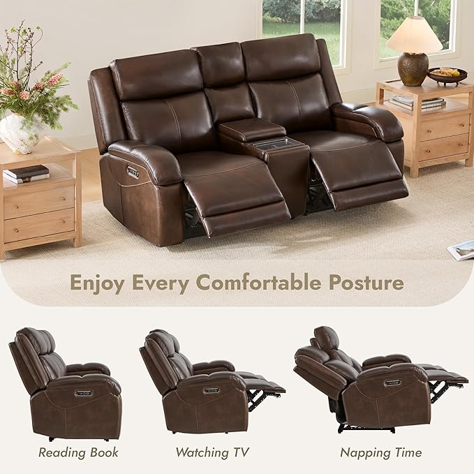 Watson & Whitely Genuine Leather Power Loveseat Recliner Sofa, Wall Hugger Loveseat Reclining Sofa with Storage Console, Power Headrest, Cup Holders, Dual Recliners for Living Room, RV, Dark Brown