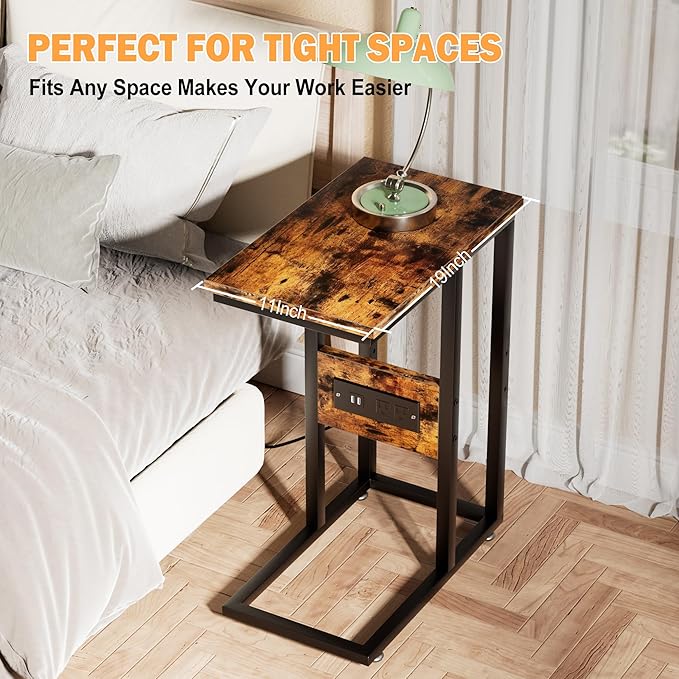 VECELO C Shaped End Table with Charging Station & Power Outlets, Quick Access Side Table for Sofa, C Bedside for Living Room Bedroom 2 Set,Brown