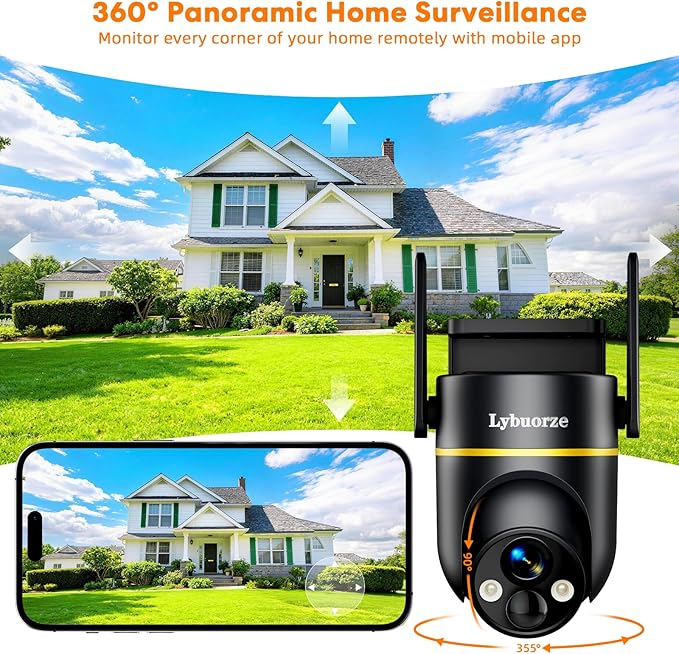 Lybuorz Outdoor Security Camera Wireless Solar Powered, 4MP HD Pan Tilt 360° View, IP65 Weatherproof, WiFi 6 Dual Band, AI Human Detection/Siren, 2-Way Audio, Color Night Vision, SD/Cloud Storage