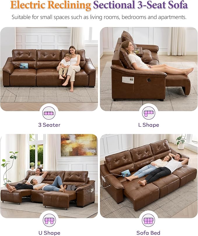 TYBOATLE Electric Reclining Sectional Couch, Power Recliner Sofa w/USB & Type-C Charging Ports and Cup Holders, Leather Reclining Sofa for Living Room, Home Theater (Brown)