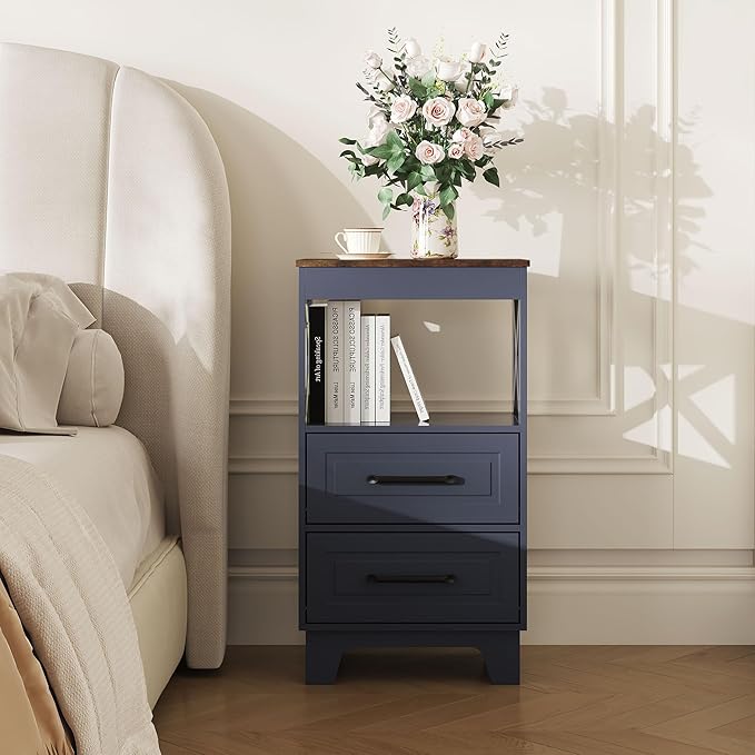 Tall Nightstand Set of 2 Side Table with 2 Drawers Modern Night Stand Wooden Rustic End Table Bedside Table with Upper Open Shelf Solid Feet for Bedroom Navy Blue+Walnut