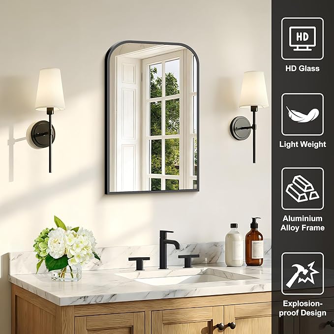 Bathroom Mirror, 16x24 inch Black Rectangle Wall Mounted Mirror with Thin Frame, Bathroom Vanity Mirrors for Over Sink, Entryway, Living Room, Bedroom