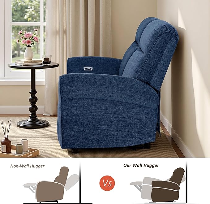 MCombo 64.6" Wall Hugger Power Loveseat Recliner Sofa with USB Ports, Reclining Loveseat for Small Spaces Living Room RV, Fabric PR635M1 (Navy Blue)