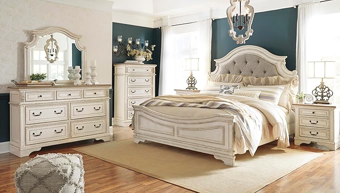 Signature Design by Ashley Realyn Vintage Smooth-Gliding 7-Drawer Dresser and Mirror with Safety Stop, White & Light Brown