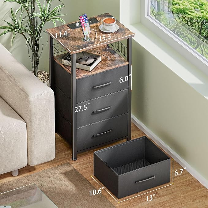 Night Stand Set 2 with Charging Station, End Table Set of 2 with 20 Colors LED Light Strip, 3 Fabric Drawers, Bedside Table with USB Ports and Outlets for Bedroom (Rustic Brown)