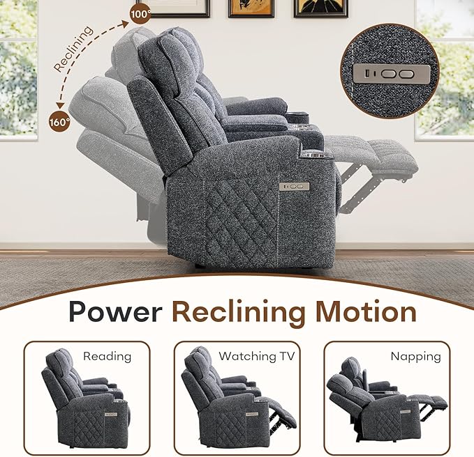 HAOMARKETS 3-Piece Power Recliner Sofa Set with Charging Port, Include Single Power Recliner Chair and 2 Electric 3-Seater Recliner Couches with Cup Holders for Living Room, Dark Grey