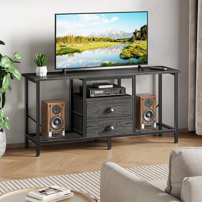 Furologee TV Stand with 2 Fabric Drawers, 43 Inch Entertainment Center with Open Storage Shelves, Media Console Table for Bedroom, Living Room, Light Black Oak