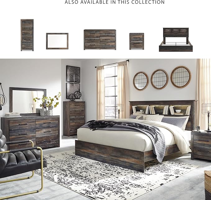 Signature Design by Ashley Drystan Rustic King Bookcase Bed with Open Cubbies and LED Lights, Foundation or Box Spring Needed, Dark Brown & Gray