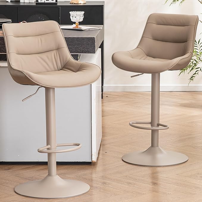 Kidol & Shellder Bar Stools Set of 2, Adjustable Swivel Counter Height Stools with Back, PU Faux Leather Upholstered, Modern Kitchen Island Home Bar Chair, Khaki