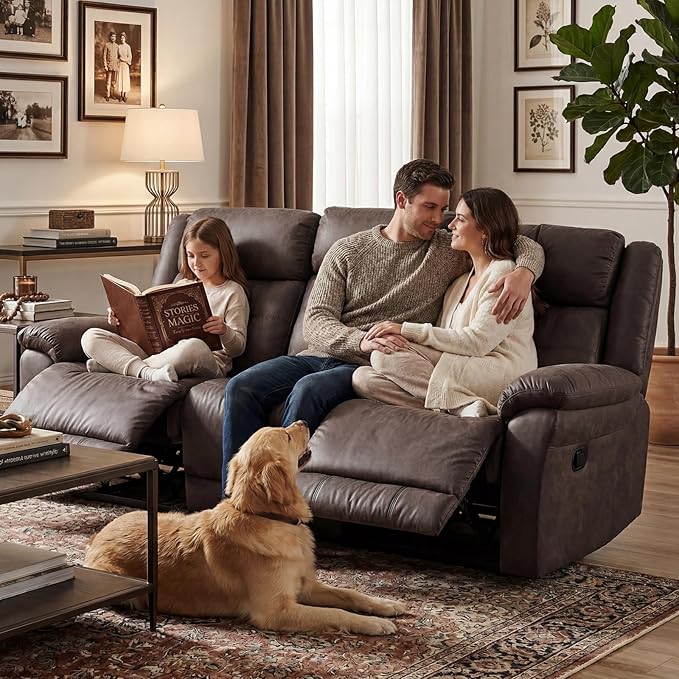 Oversized Manual Recliner Sofa, 86” Extra Wide 3 Seater Reclining Couch for Living Room, Dual Pull Handle Recliners, Upright Middle Seat, One-Piece Design No Assembly Required, Performance Fabric