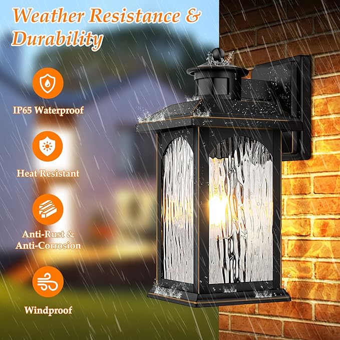 2 Packs Motion Sensor Outdoor Sconce - Advanced Dusk to Dawn Outdoor Lighting, Retro Motion Sensor Porch Light Fixtures, Black Waterproof Exterior Lantern Wall Mount for Garage, Outside, Anti-Rust