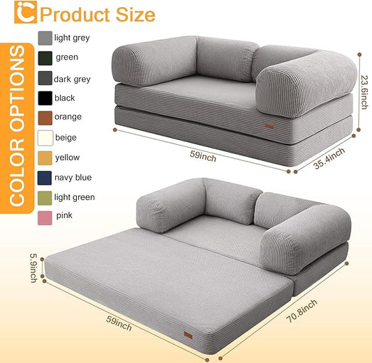 COMAX Folding Sofa Bed Queen, 4-in-1 Foldable Floor Couch Convertible Futon Sofa with Armrests Sleeper Mattress Chair Bed Comfy Portable Fold Out Lounge Guest for Living Room Bedroom, Light Grey