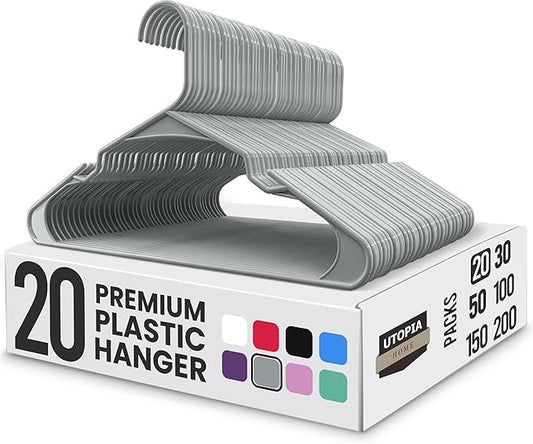 Utopia Home Plastic Hangers 20 Pack - Perfect Space Saving Clothes Hanger - Durable and Strong - Perfect Closet Organizers with Shoulder Grooves (Grey)